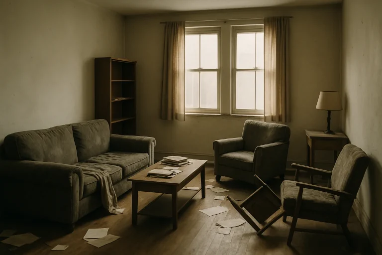 Intérieur d'un logement avec des meubles abîmés et lumière douce entrant par les fenêtres