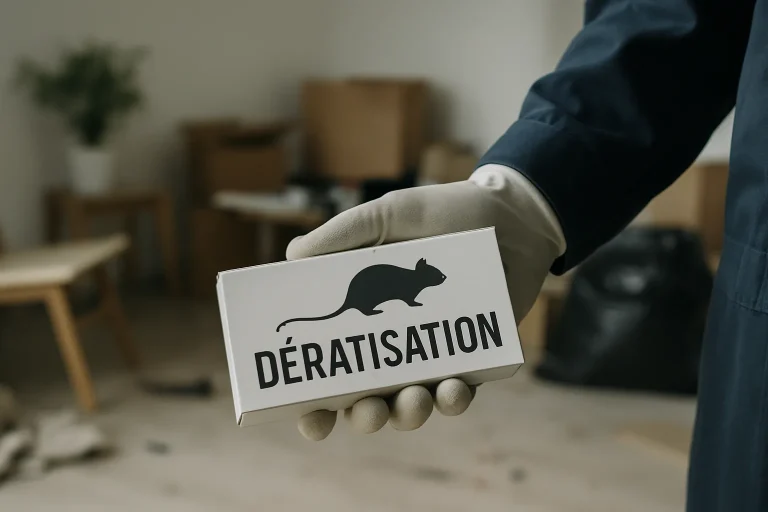 Main gantée tenant une boîte de dératisation dans un environnement désordonné.