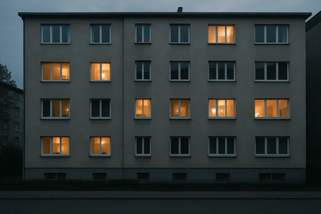 Vue d'un immeuble résidentiel avec fenêtres éclairées au crépuscule