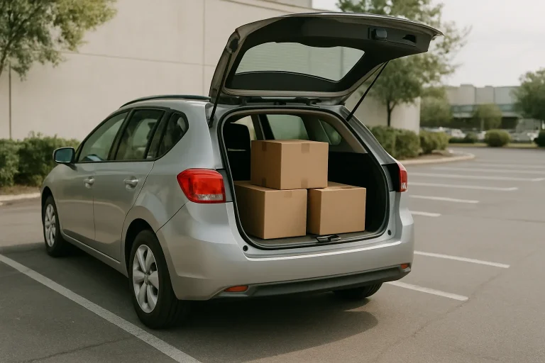 Voiture ouverte avec cartons à l'intérieur, stationnée dans un parking.