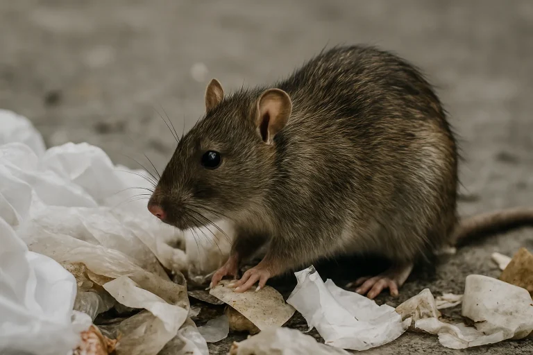 Gros plan d'un rat sur des déchets, montrant un risque sanitaire.