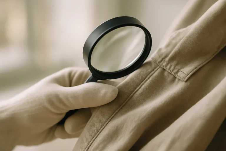 Main gantée tenant un vêtement avec une loupe, vérifiant les coutures.
