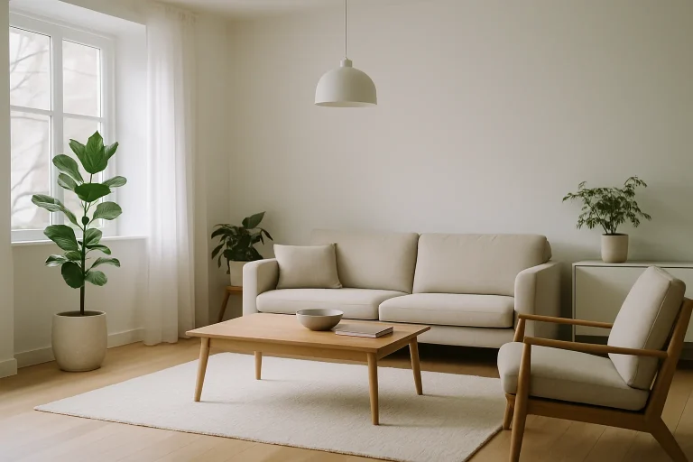 Intérieur d'une maison lumineuse et bien rangée, montrant un salon moderne avec des plantes.