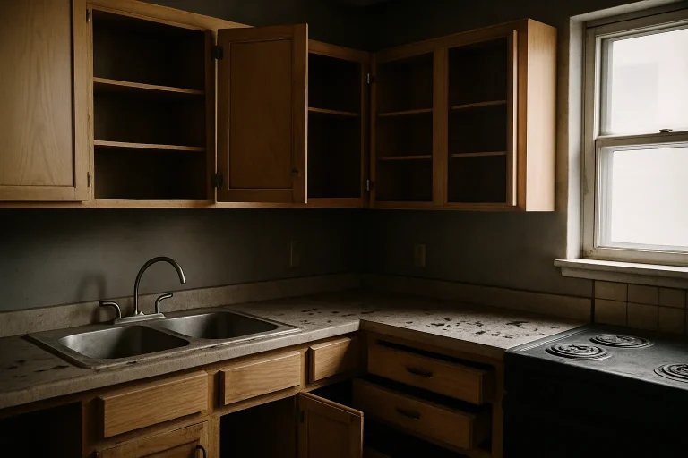 Cuisine avec placards ouverts, excréments de rats et traces de grignotage visibles