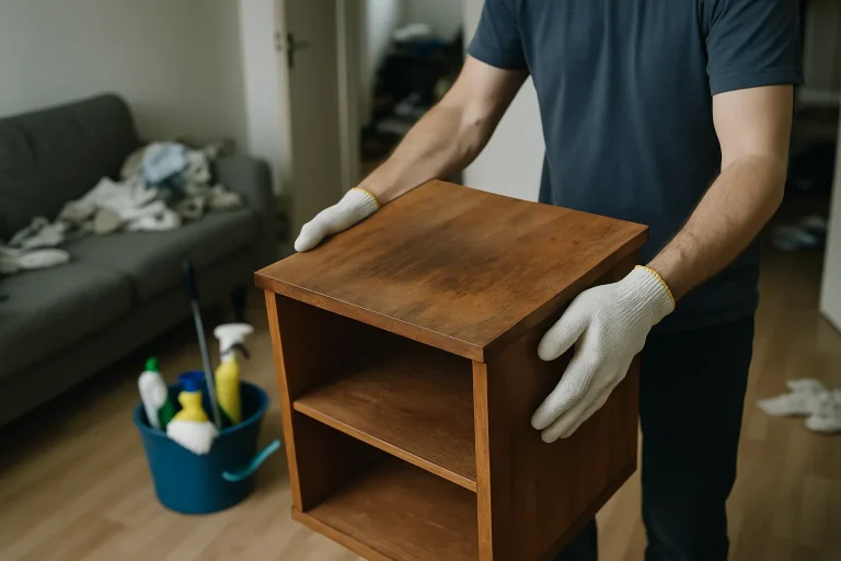 Des mains en train d'évacuer un meuble imprégné d'odeurs d'un appartement désordonné.