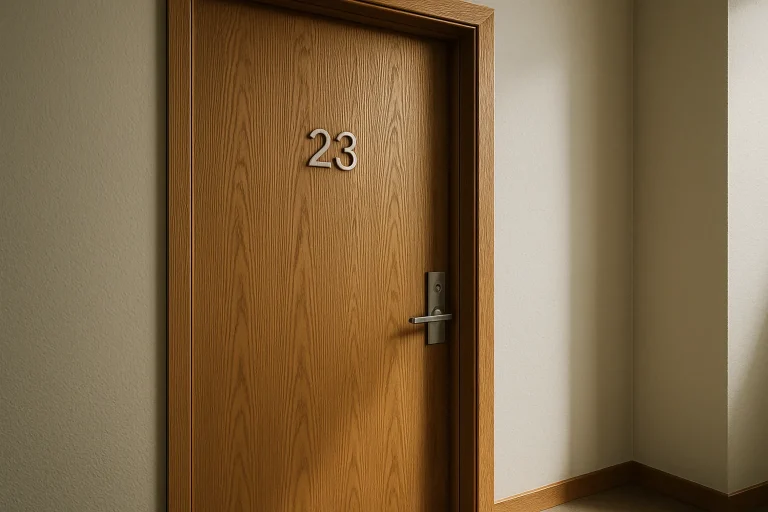 Vue détaillée d'une porte d'appartement, lumière naturelle, bois texturé