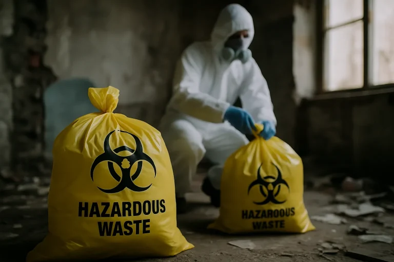 Personne en combinaison de protection manipulant des sacs de déchets dangereux dans un squat.