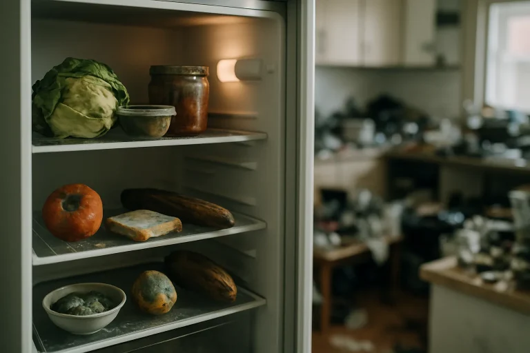 Réfrigérateur ouvert avec aliments pourris visibles, lumière latérale.