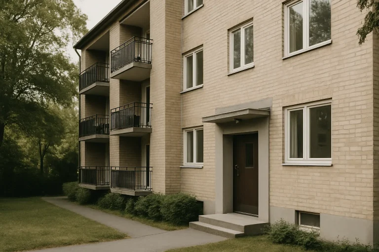 Façade d'un immeuble résidentiel avec porte d'entrée visible, lumière du jour.