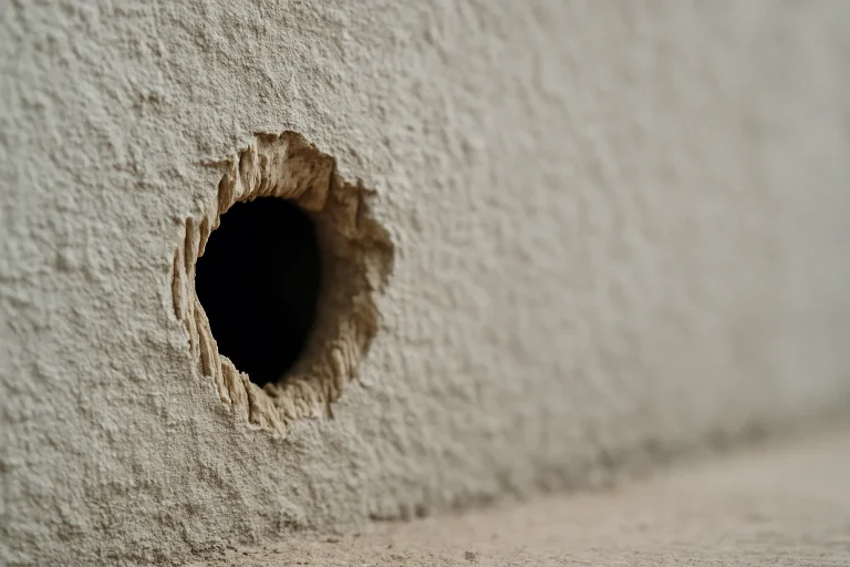 Gros plan sur un trou dans un mur avec des traces de dents de rongeurs