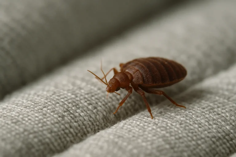 Punaise de lit visible sur un matelas, en gros plan, avec texture du tissu.