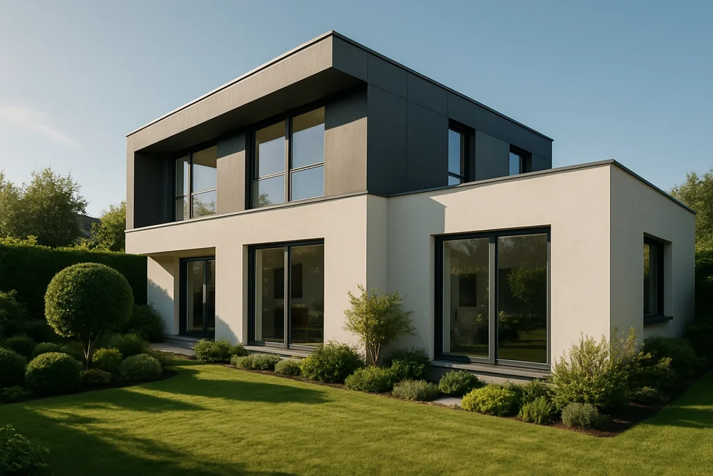 Maison moderne avec jardin bien entretenu, vue en angle de trois quarts.
