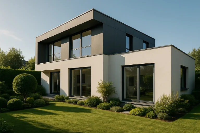 Maison moderne avec jardin bien entretenu, vue en angle de trois quarts.