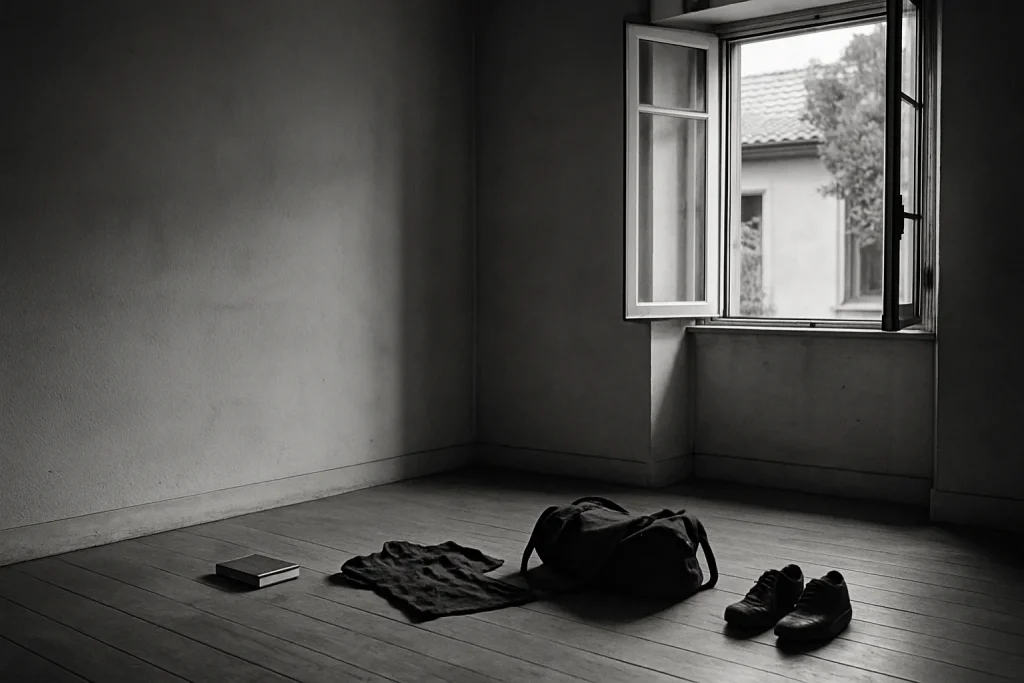 Pièce vide avec objets personnels abandonnés au sol, lumière douce, noir et blanc