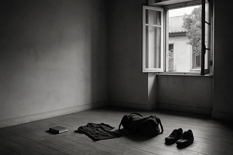 Pièce vide avec objets personnels abandonnés au sol, lumière douce, noir et blanc