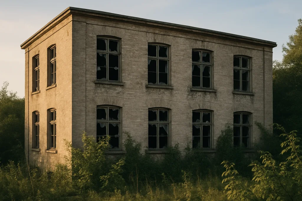 Vue extérieure d'un bâtiment abandonné avec fenêtres brisées, végétation envahissante