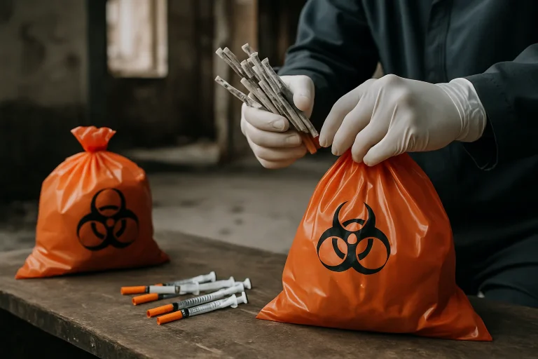 Mains en gants manipulant seringues usagées et sacs de déchets biologiques dans un squat.